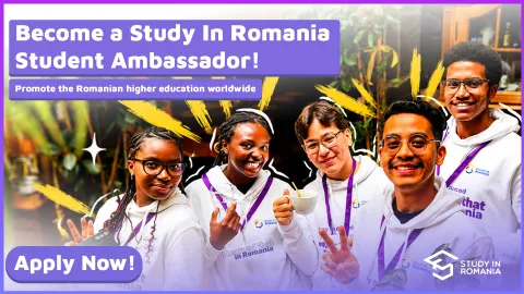 Banner saying "Become a Study in Romania Student Ambassador" with a Call to action